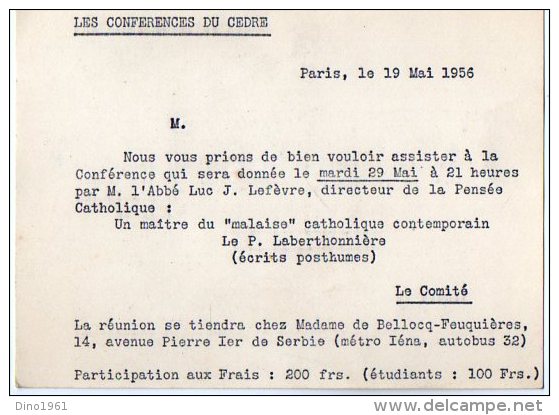 VP2734 - PARIS -  Carte D'invitation  Les Conférences Du Cèdre - L' Abbé Luc J.LEFEVRE - Altri & Non Classificati