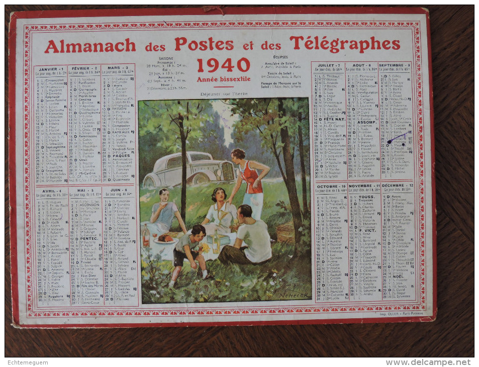 Calendrier  PTT 1940 - Département 54 - Déjeuner Sur L' Herbe - Nenecer - Autres & Non Classés