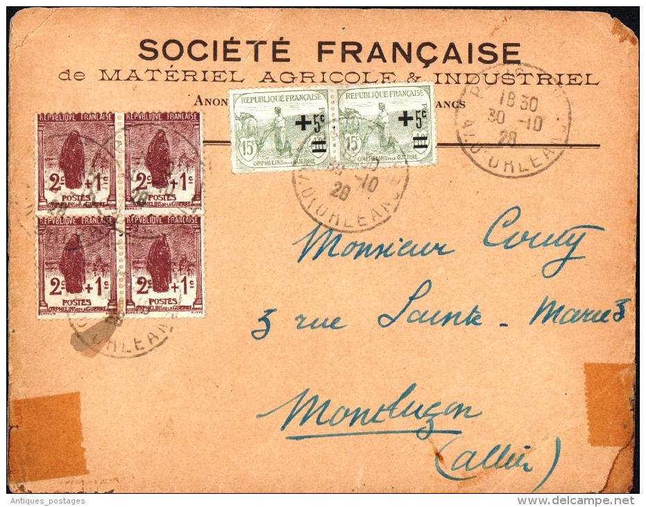 Lettre Orphelins De La Guerre Bloc De 4 + Paire 1928 Société Française De Matériel Agricole Et Industriel Montluçon - Lettres & Documents