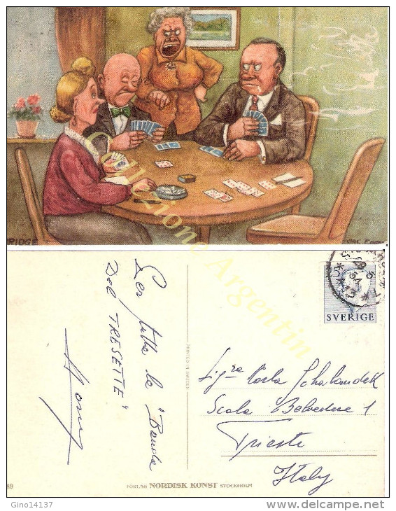 Cartolina Postale Viaggiata Svedese - GIOCATORI DI CARTE - Anni '40 - Firmata - Playing Cards