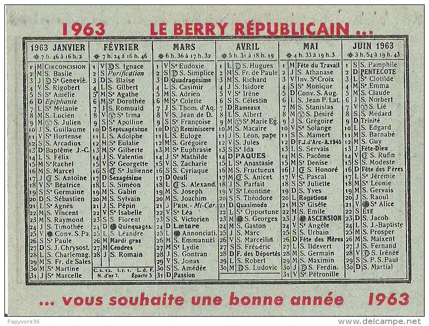 CALENDRIER 1963 - Le Berry Républicain " Le Journal De Chez Nous " - Petit Format : 1961-70