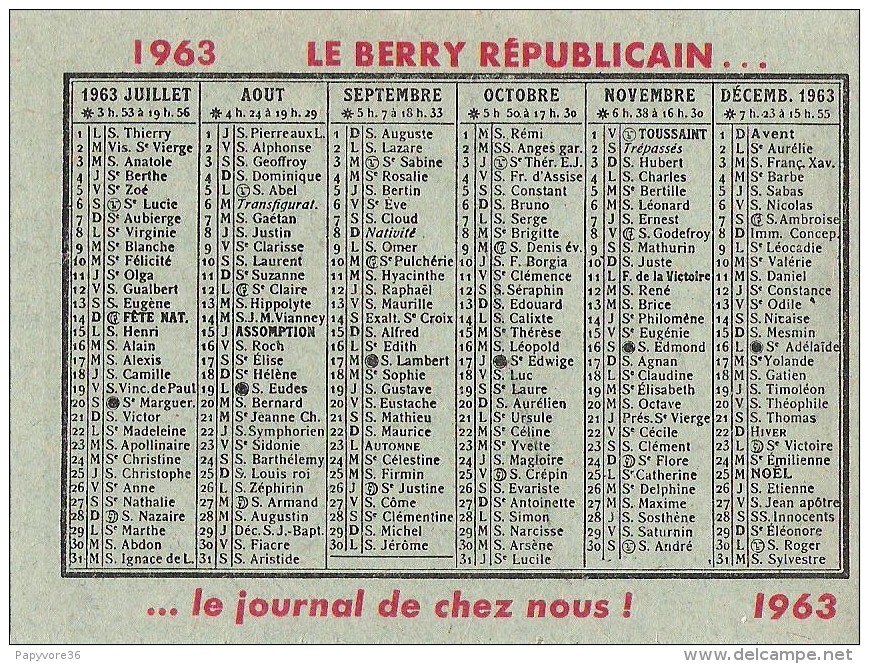 CALENDRIER 1963 - Le Berry Républicain " Le Journal De Chez Nous " - Petit Format : 1961-70