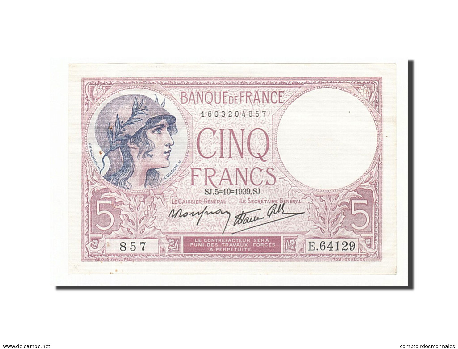 Billet, France, 5 Francs, 5 F 1917-1940 ''Violet'', 1939, 1939-10-05, SUP+ - 5 F 1917-1940 ''Violet''