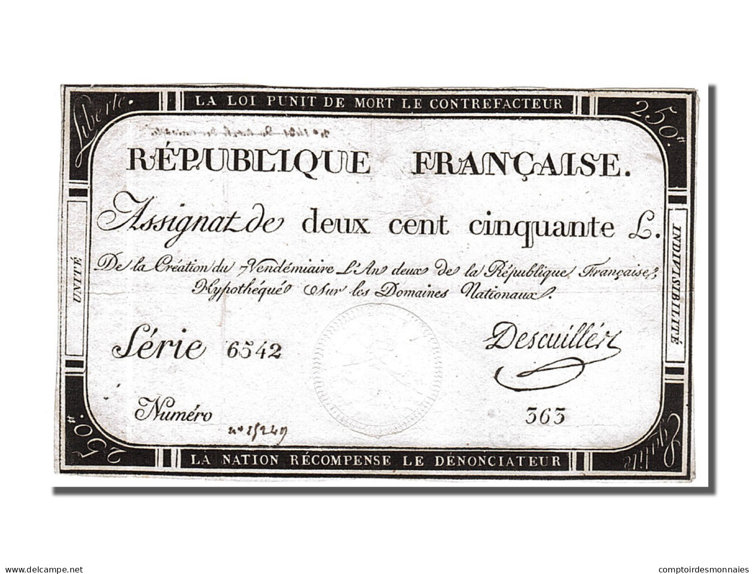 Billet, France, 250 Livres, 1793, Descuiller, TTB, KM:A75, Lafaurie:170 - Assignats & Mandats Territoriaux