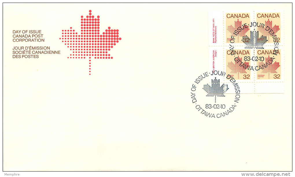 1983  Maple Leaf  32¢  Definitive   Sc 924  LL Plate Block  Of 4 - 1981-1990
