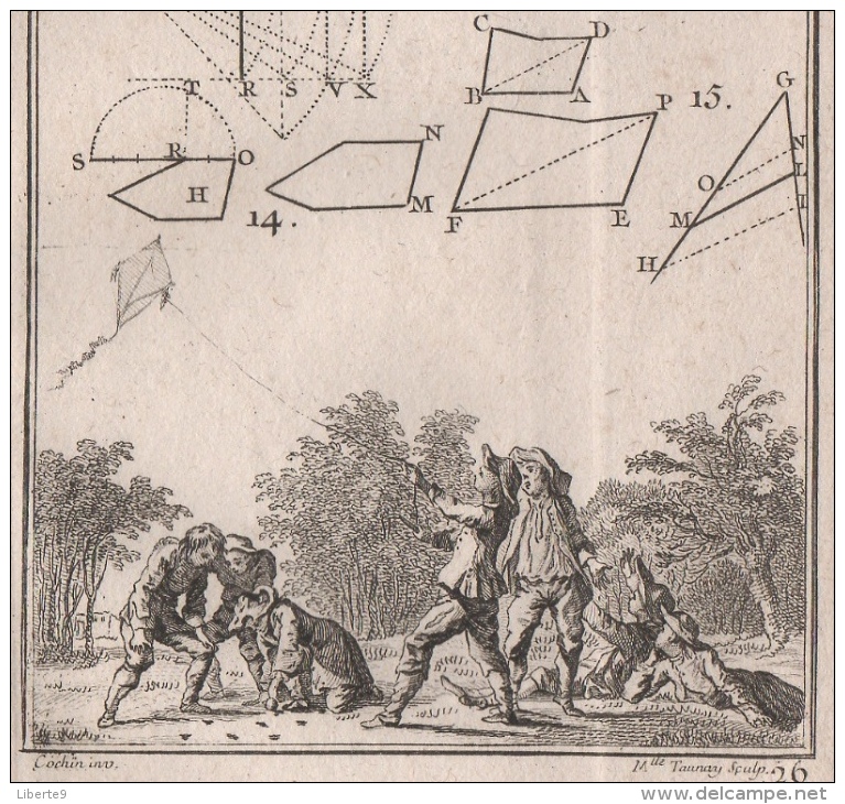 SEBASTIEN LE CLERC 1774 Né à Metz - Gravure 8X14cm 1 Feuilles 12x19 Pliée 4scans Cerf Volant Jeu De Billes? Jeux Leclerc - 1701-1800