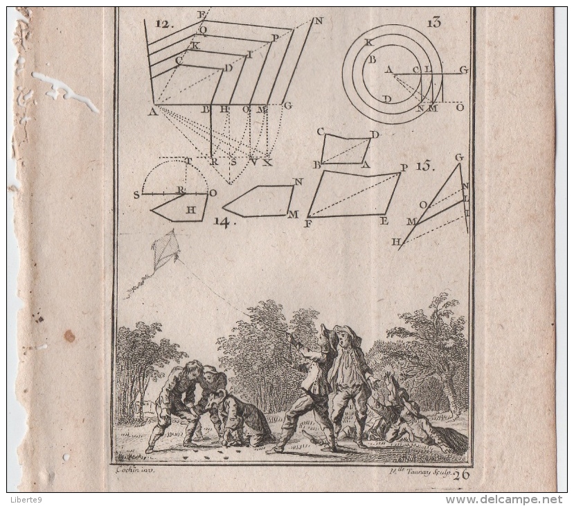 SEBASTIEN LE CLERC 1774 Né à Metz - Gravure 8X14cm 1 Feuilles 12x19 Pliée 4scans Cerf Volant Jeu De Billes? Jeux Leclerc - 1701-1800