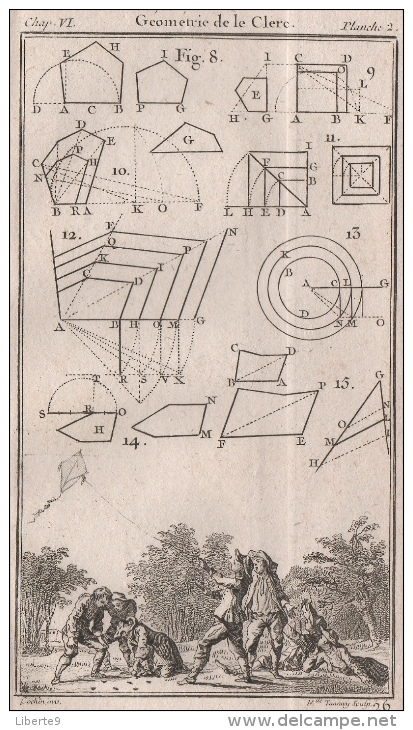 SEBASTIEN LE CLERC 1774 Né à Metz - Gravure 8X14cm 1 Feuilles 12x19 Pliée 4scans Cerf Volant Jeu De Billes? Jeux Leclerc - 1701-1800