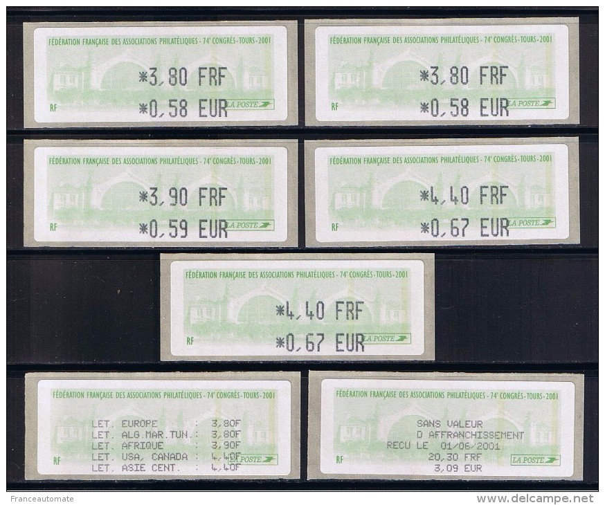 ATM, 3.80 FRF-0.58 EUR, 3.90 FRF-0.59 EUR, 4.40 FRF-0.67 EUR, AVEC UN RECU DE LA LA LISTE DES 5 DESTINATIONS, ETRANGERES - 1999-2009 Vignettes Illustrées