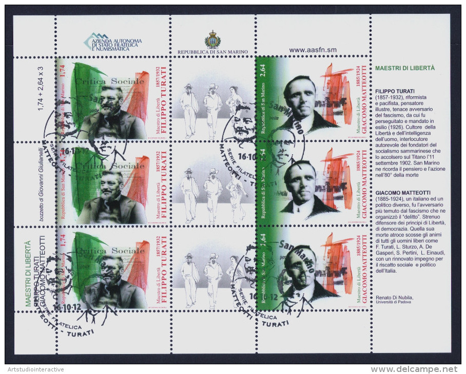 2012 SAN MARINO "TURATI E MATTEOTTI / MAESTRI DI LIBERTA" MINIFOGLIO ANNULLO PRIMO GIORNO - Used Stamps