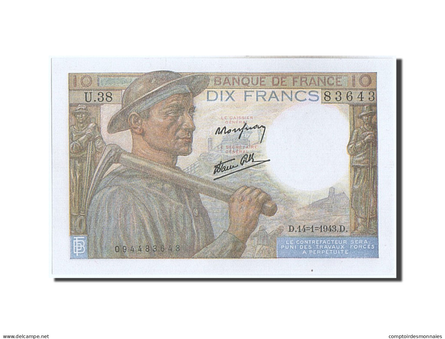 Billet, France, 10 Francs, 10 F 1941-1949 ''Mineur'', 1943, 1943-01-14, SUP - 10 F 1941-1949 ''Mineur''