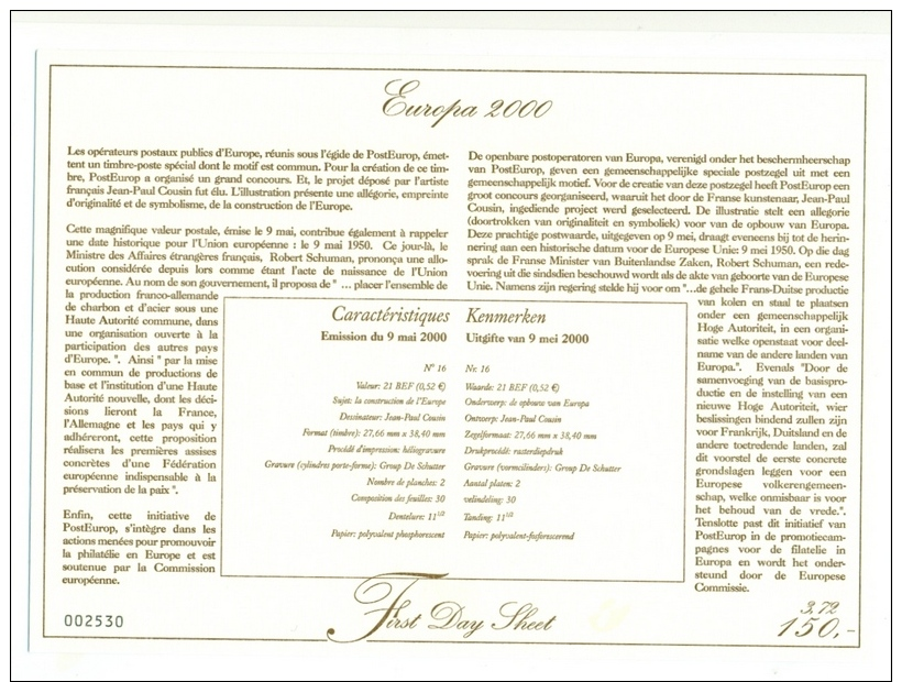 Firt Day Sheet EUROPA Belgium 2000. Construction Of Europe. Stamp COB N 2922. - 2000