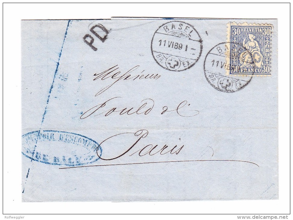 Sitzende 30Rp. Auf Brief 11.6.1869 Basel Nach Paris - Lettres & Documents