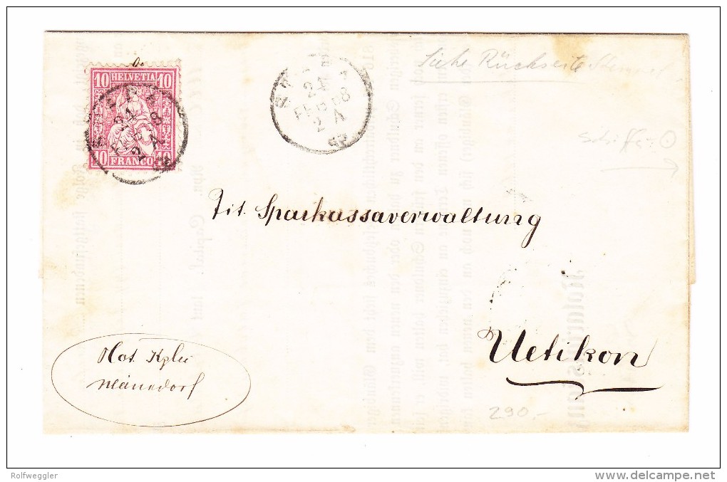 Notariat Brief STAFA 21.2.1868 Mit 10Rp. Sitzende Auf Rückseite Schiffsbureau R.Ufer Stempel - Lettres & Documents