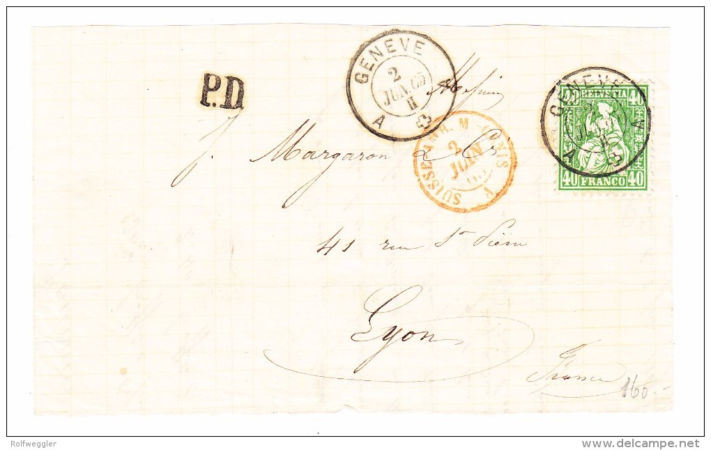 Genève 2.6.1865 Mit Sitzende 40Rp. Auf Briefstück Nach Lyon - Briefe U. Dokumente