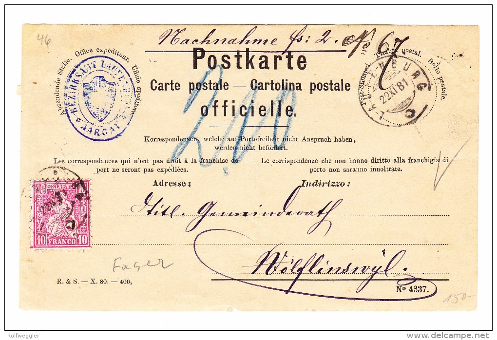 Laufenburg 22.11.1881 Sitzende 10Rp Faser Papier Auf NN Postkarte Nach Wolfinschwyl - Briefe U. Dokumente