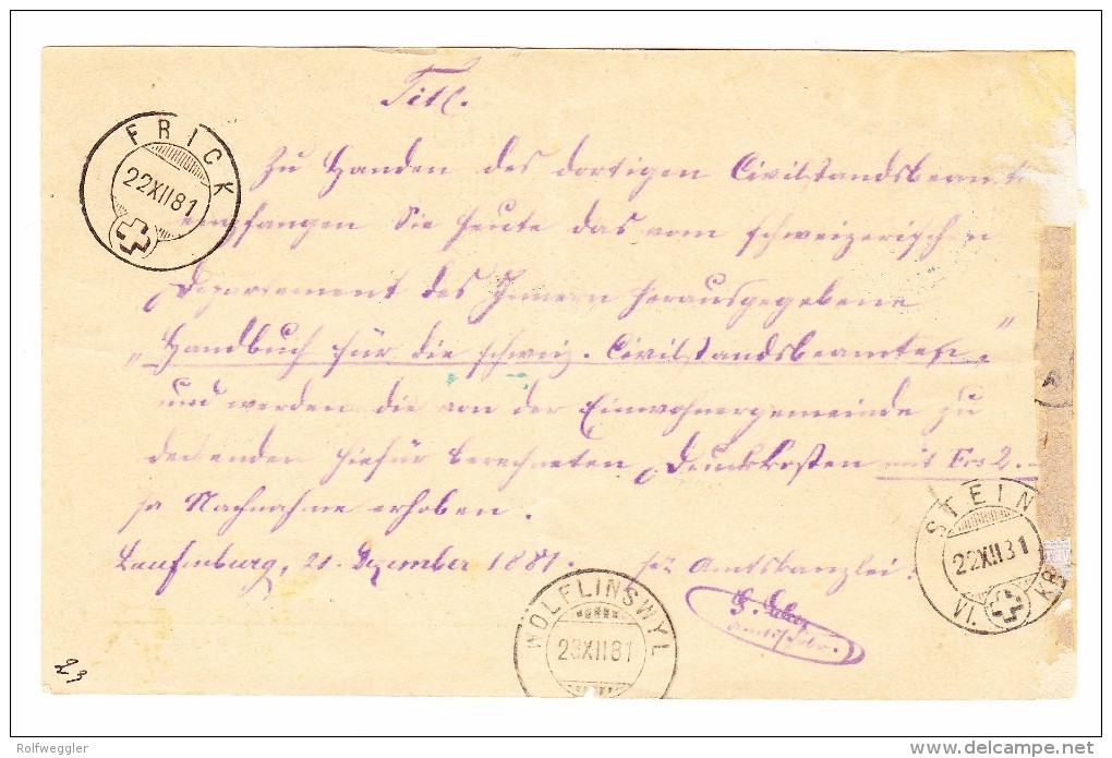 Laufenburg 22.11.1881 Sitzende 10Rp Faser Papier Auf NN Postkarte Nach Wolfinschwyl - Lettres & Documents