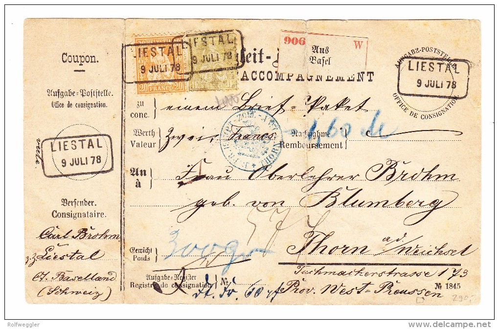 Liestal 9.7.1878 Im Kasten Mit 20Rp Und 1Fr Sitzende Helvetia Auf Pakatkarte Nach Thorn A.d.Weichsel (Heute Polen) - Lettres & Documents