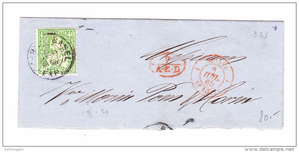 Basel 7.7.1865 40Rp Sitzende Auf Grossem Briefteil Mit Transit Stempel Rot Suisse St Louis Und 7 AED - Lettres & Documents