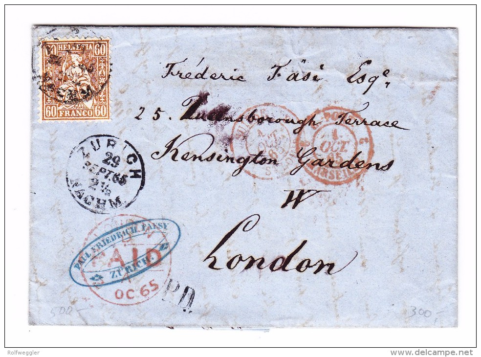 Zürich 29.9.1865 EF 60Rp Sitzende Helvetia Auf Brief Nach London - Lettres & Documents