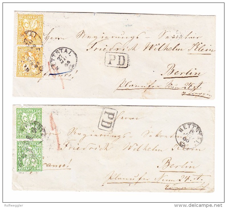 Lot 2 Briefe 1865/66 Mit Sitzende Helvetia Beide Mit Fingerhutstempel Von Nettstal Gesendet Nach Berlin - Lettres & Documents