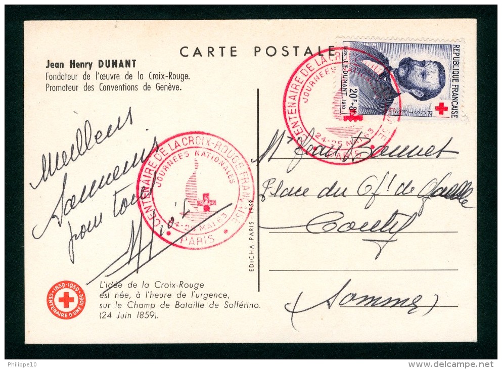 CARTE POSTALE CROIX ROUGE J. H. DUNANT - CACHET SPECIAL CENTENAIRE C.R FRANCAISE - Henry Dunant