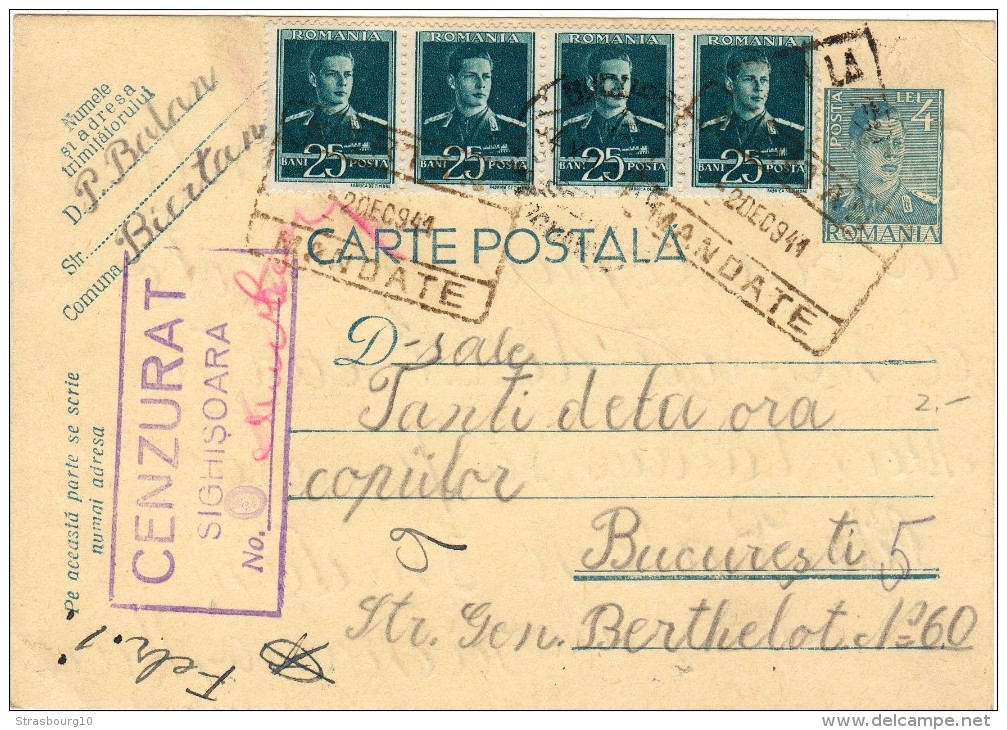 CARTA POSTALA  - ROUMANIE - 1941- CENZURAT SIGHISOARA - Storia Postale