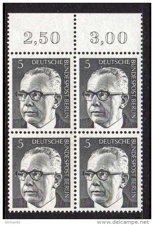 GERMANY BERLIN - 1970 PRESIDENT HEINEMANN 5pf BLOCK OF 4 FINE WITH TOP MARGIN MNH ** SG B350 X 4 - Unused Stamps