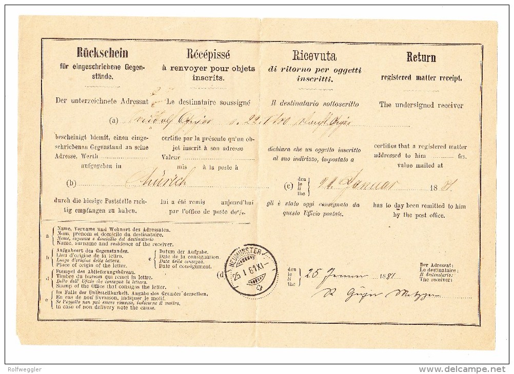 Zürich 24.1.1881 Sitzende Helvetia 20Rp Auf Rückschein Nach Neumünster - Briefe U. Dokumente