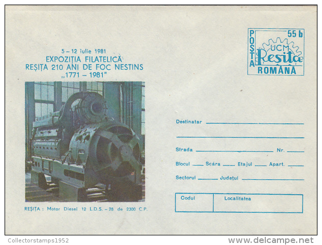 36594- RESITA STEEL FACTORY, DIESEL ENGINE, COVER STATIONERY, 1981, ROMANIA - Arbres