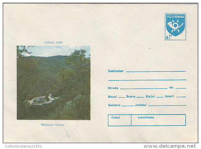 36622- GORJ COUNTY- TISMANA MONASTERY, COVER STATIONERY, 1990, ROMANIA - Abbeys & Monasteries