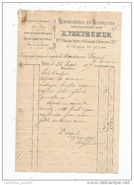 Facture , Serrurerie En Batiments , E. FREYHUBER , PARIS , 1907 - Autres & Non Classés