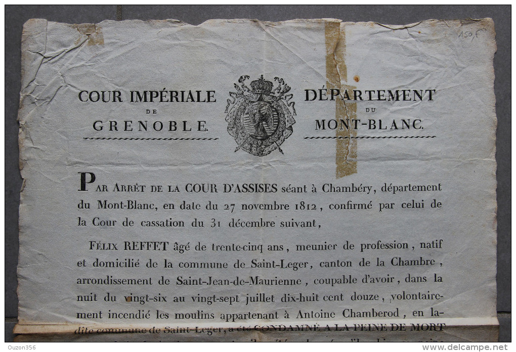 AFFICHE Cour Impériale De Grenoble, Département Du Mont-Blanc (SAVOIE, Chambéry) 1812 - Documents Historiques