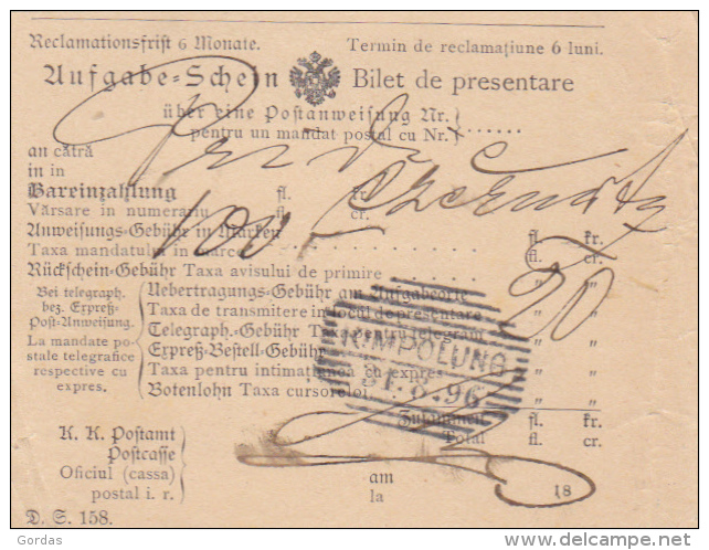 Romania - Campulung Moldovenesc - Bilet De Prezentare Pentru Mandat Postal - Bukowina 1896 - Altri & Non Classificati