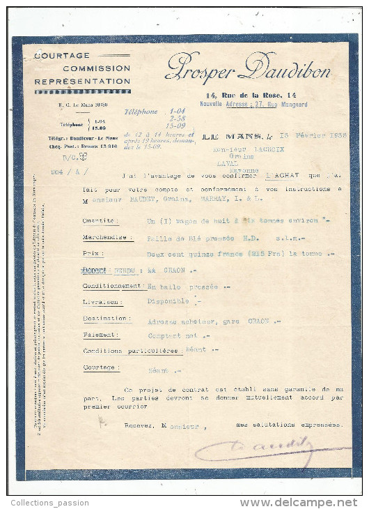 Facture , Courtage , Commission , Représentation , PROSPER DAUDIBON , LE MANS , 1935 - Autres & Non Classés