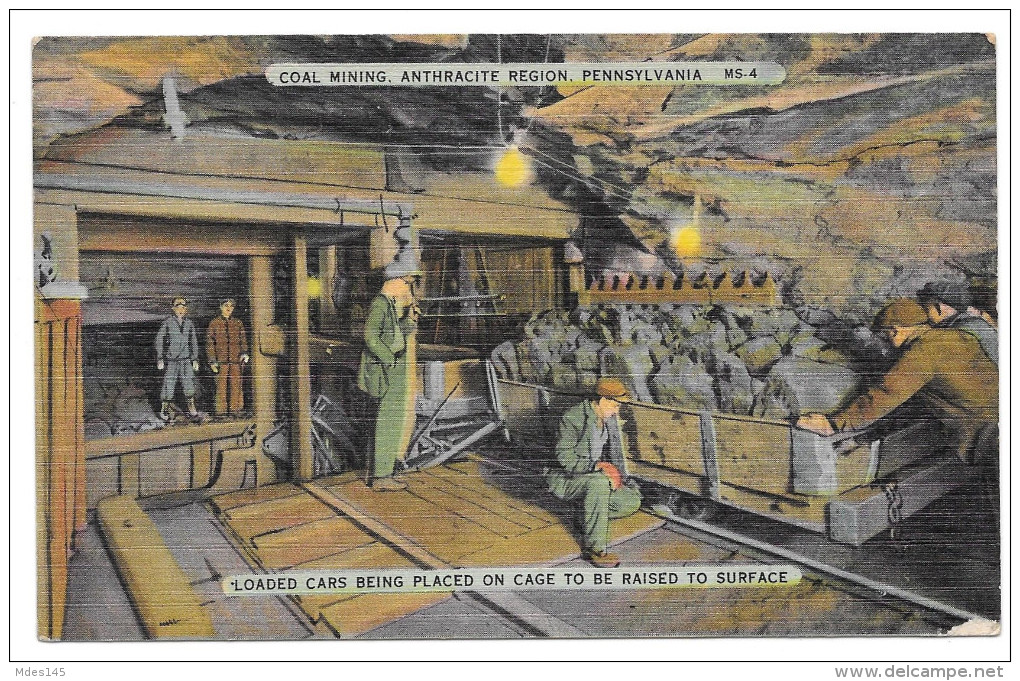 Anthracite Coal Mining Region PA Miners Loading Car On Cage Vintage Linen Postcard - Other & Unclassified