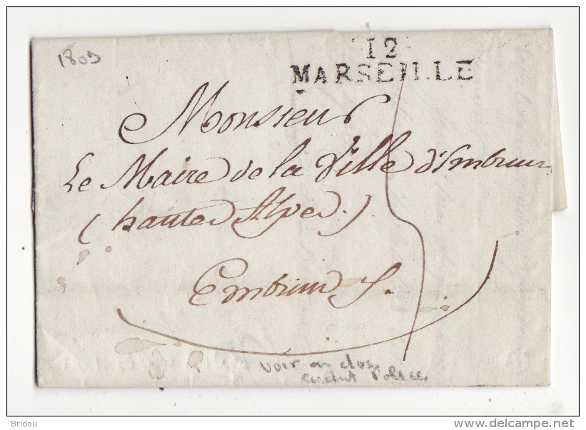 13  Pli Avec Marque Postale   MARSEILLE    1809    Au Dos Cachet Police De Marseille - 1801-1848: Precursors XIX