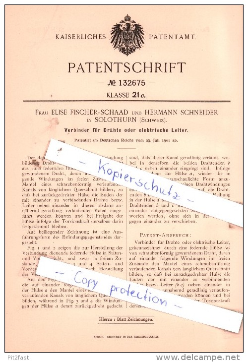 Original Patent  - Fr. Elise Fischer-Schaad Und Hermann Schneider In Solothurn , Schweiz , 1901 , !!! - Documents Historiques