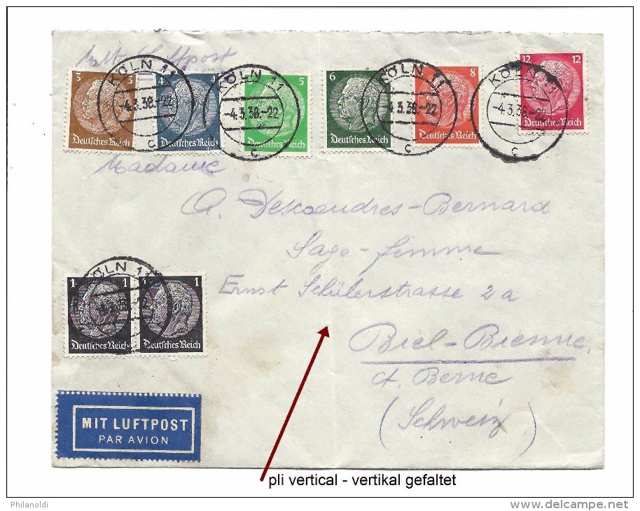 ALLEMAGNE Köln 1938, Buntfrankatur, Brief HOTEL MINERVA, Mit Luftpost Nach Biel Schweiz. - Brieven En Documenten