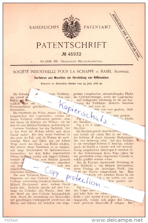 Original Patent  - Sociètè Industrielle Pour La Schappe In Basel , Schweiz , 1888 , Riffelwalzen !!! - Documents Historiques