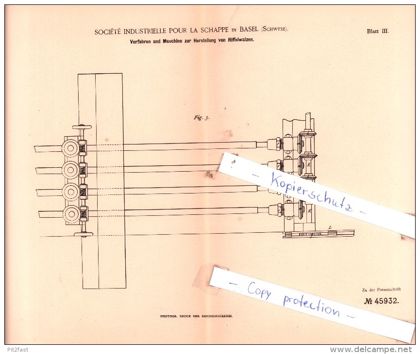 Original Patent  - Sociètè Industrielle Pour La Schappe In Basel , Schweiz , 1888 , Riffelwalzen !!! - Documents Historiques