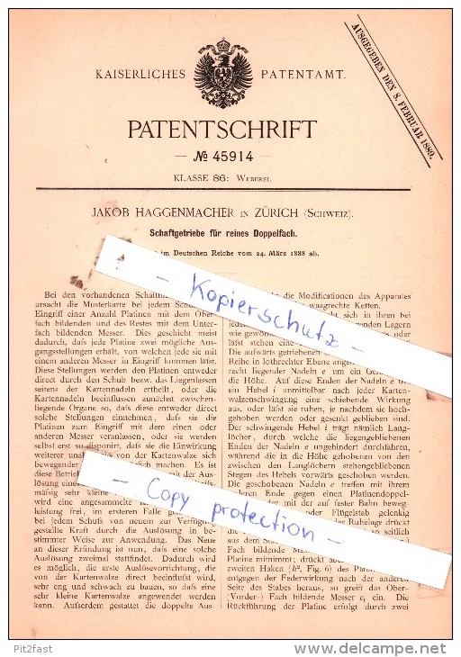 Original Patent  - Jakob Haggenmacher In Zürich , Schweiz , 1888 , Weberei !!! - Documents Historiques