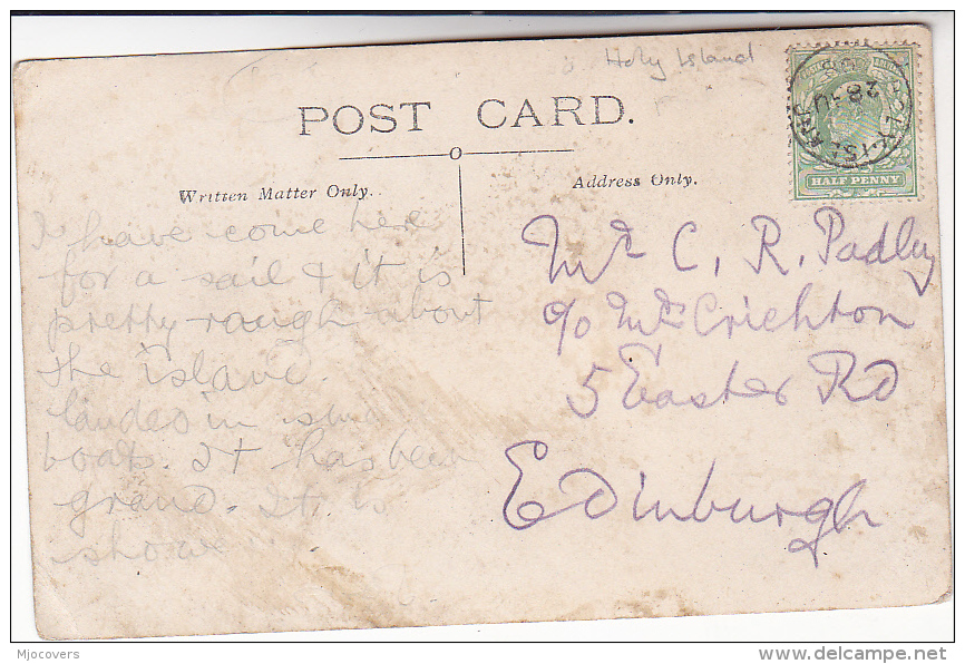 1908 HOLY ISLAND Cds GB Stamps COVER (postcard Photo Church ) Evii E7 Religion - Covers & Documents