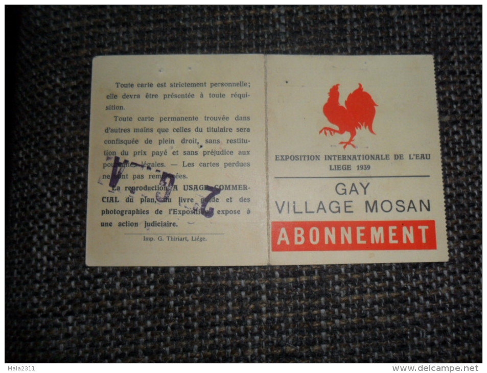 ANCIEN ABONNEMENT / GAY VILLAGE MOSAN / EXPO INTERN. DE L'EAU LIEGE 1939 - Obj. 'Souvenir De'