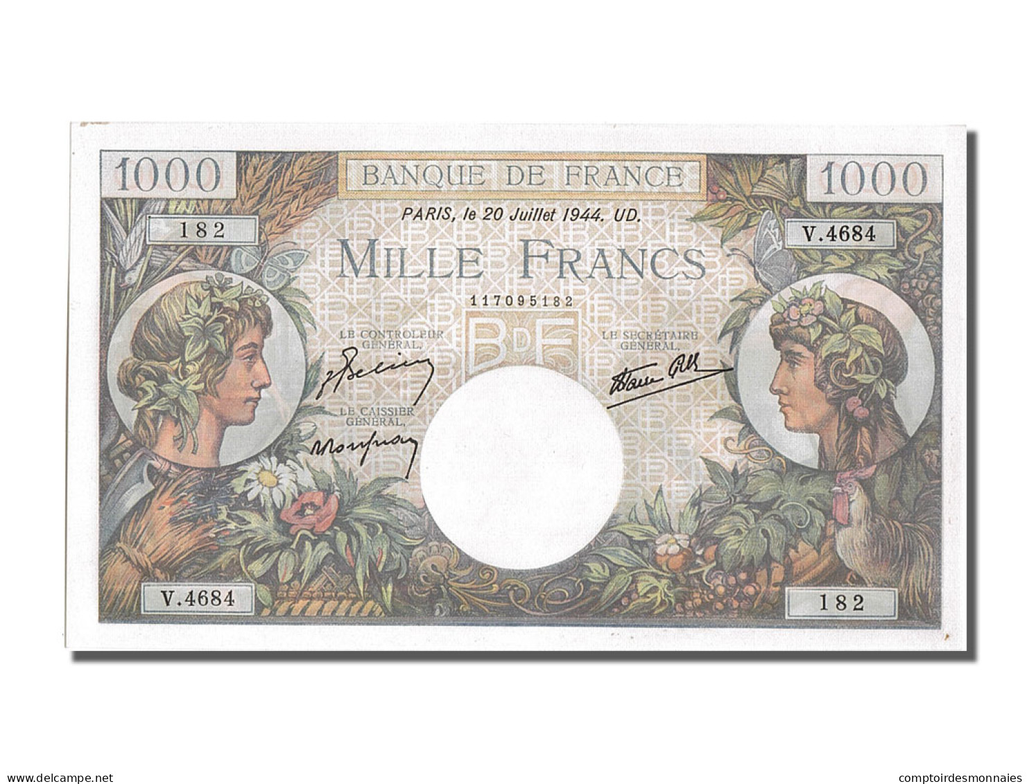 Billet, France, 1000 Francs, 1 000 F 1940-1944 ''Commerce Et Industrie'', 1944 - 1 000 F 1940-1944 ''Commerce Et Industrie''