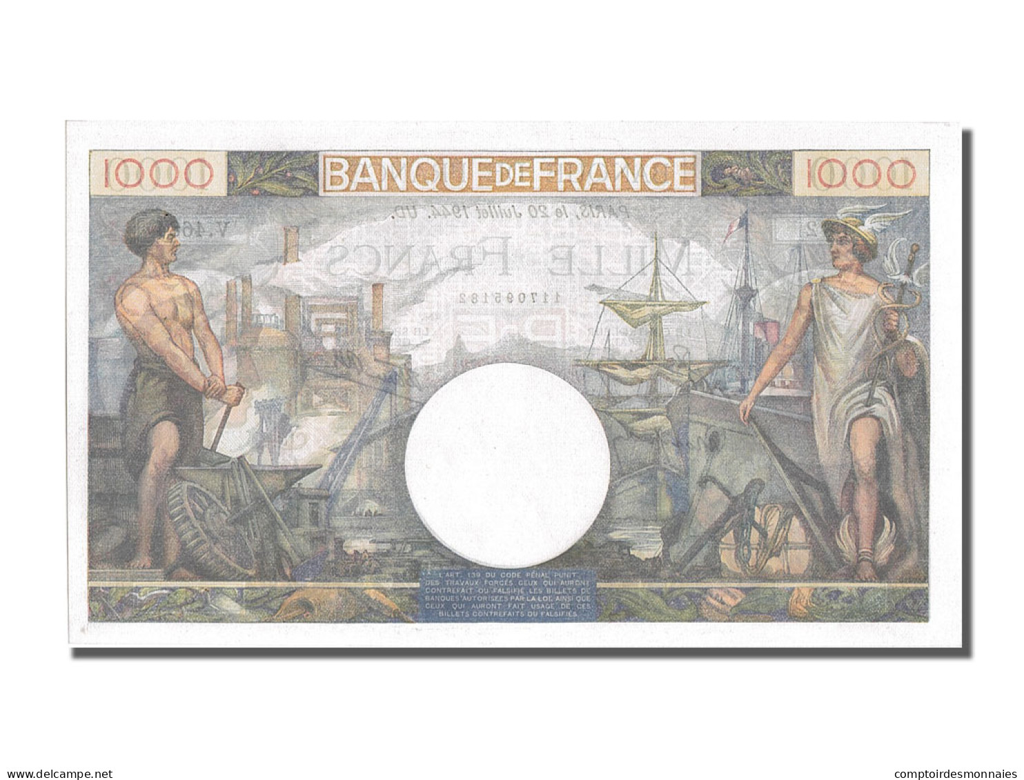 Billet, France, 1000 Francs, 1 000 F 1940-1944 ''Commerce Et Industrie'', 1944 - 1 000 F 1940-1944 ''Commerce Et Industrie''