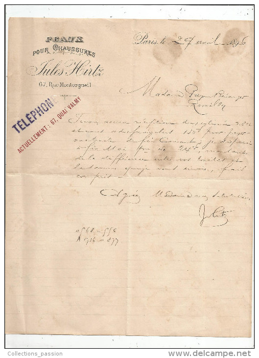 Lettre Commerciale , Peaux Pour Chaussures , JULES HIRTZ , Paris , 1896 - Other & Unclassified