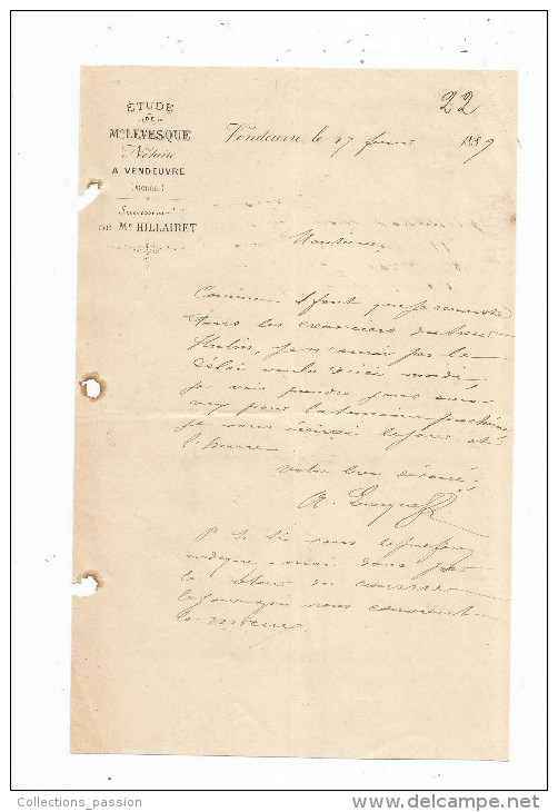 Lettre Commerciale , Notaire , étude De Me LEVESQUE , VENDEUVRE , 1889 - Autres & Non Classés