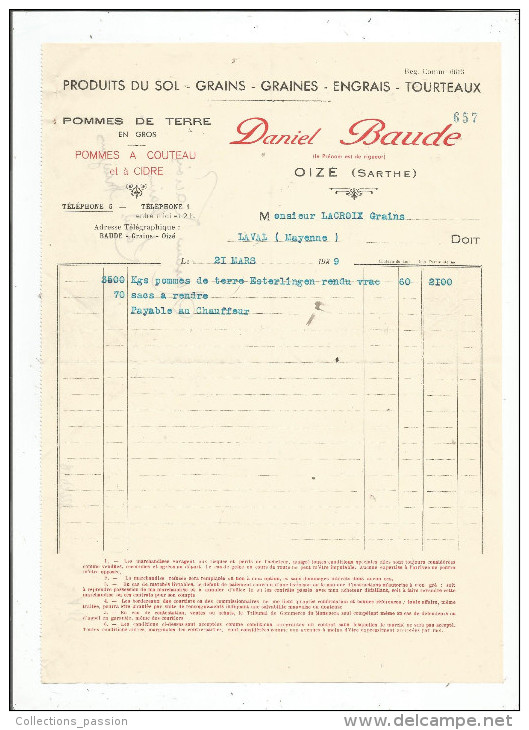 Facture , Grains Graines , Engrais Tourteaux , DANIEL BAUDE , OIZE , SARTHE , 1939 - Autres & Non Classés