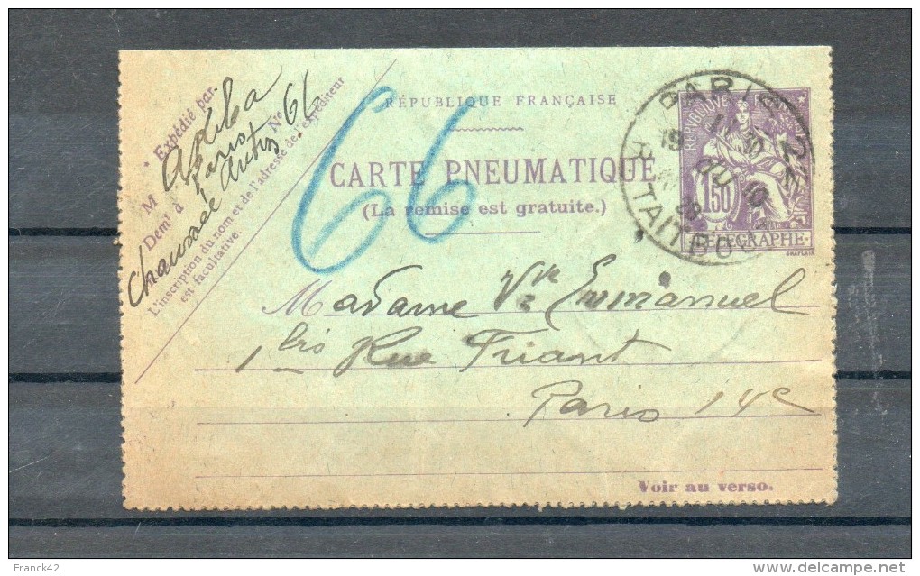 France. Carte Lettre Pneumatique Parisien. 1928. 1,50 Franc Violet - Pneumatische Post